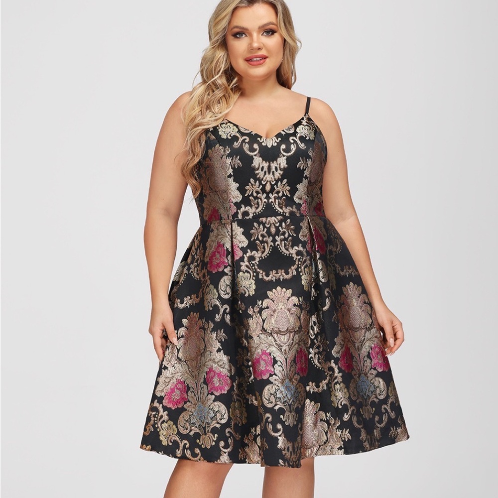 JJs House Black Floral Brocade Midi Dress with Gold and Pink Accents